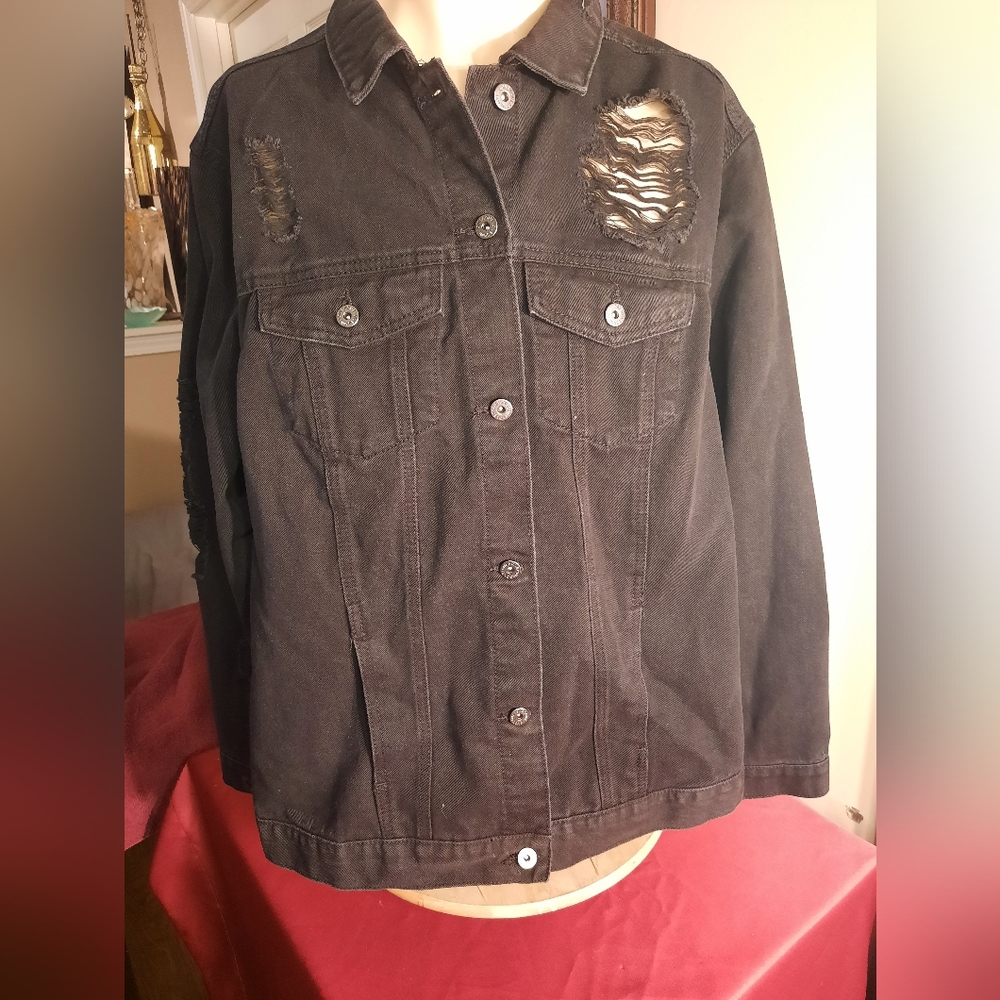 #528 NWT Ashley Stewart black oversized denim Jean jacket plus size 2X